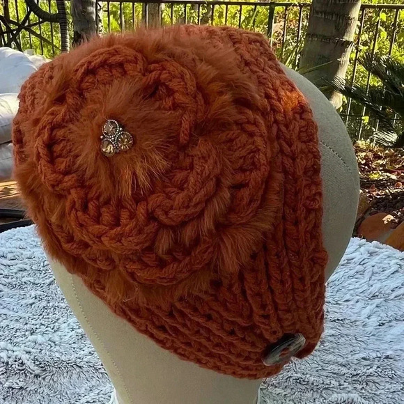 Hand Knit Headband or Neck Warmer • Burnt Orange • Head Wrap Floral Accent - Picture 1 of 5